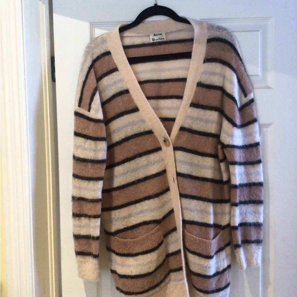 Acne Women's Cardigan - Cream, Brown, and Black Stripes Size M